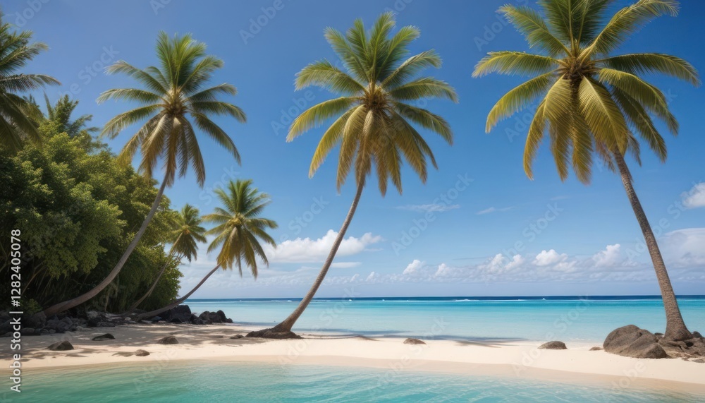 Tropical Paradise: Idyllic Beach Scene with Lush Palm Trees and Azure Waters Tropical Paradise: Idyllic Beach Scene with Lush Palm Trees and Azure Waters