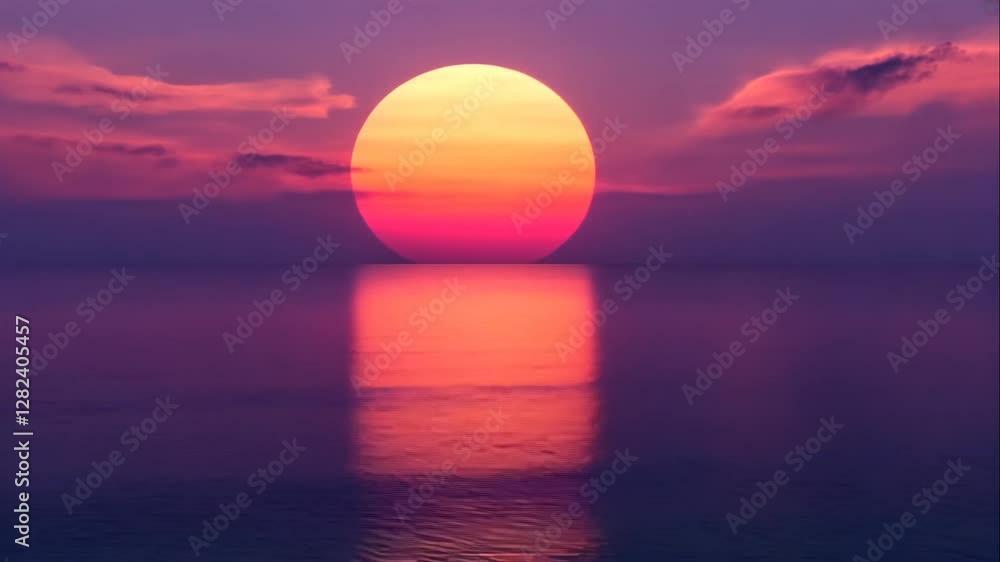 Pink sunset over calm ocean water with large sun reflection. Pink sunset over calm ocean water with large sun reflection.