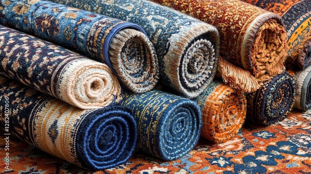 Rolled carpets stacked in market, diverse patterns, textured background, for home decor Rolled carpets stacked in market, diverse patterns, textured background, for home decor
