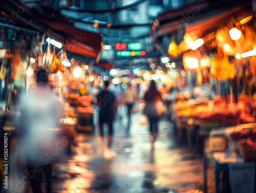 Wallpaper Mural A bustling market scene with blurred motion of people walking, showcasing a variety of fruits and vegetables under hanging lights and awnings on a rainy day. Torontodigital.ca