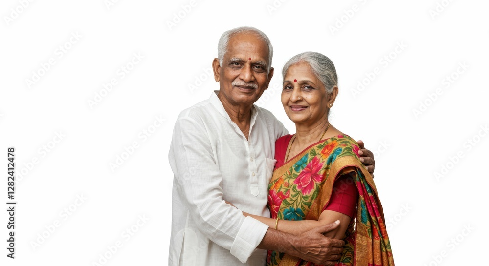 Elderly couple smiling warmly in traditional attire. Elderly couple smiling warmly in traditional attire.