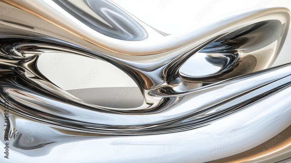 a close-up of fluid, liquid metal forming smooth, organic waves in a futuristic silver and chrome color scheme, with soft reflections adding a high-tech and artistic feel. a close-up of fluid, liquid metal forming smooth, organic waves in a futuristic silver and chrome color scheme, with soft reflections adding a high-tech and artistic feel.