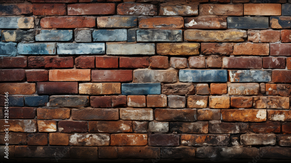 Obraz premium A weathered brick wall with varying shades of red, orange, and brown bricks, some of which are damaged or have peeling paint, creating a rustic and aged appearance.