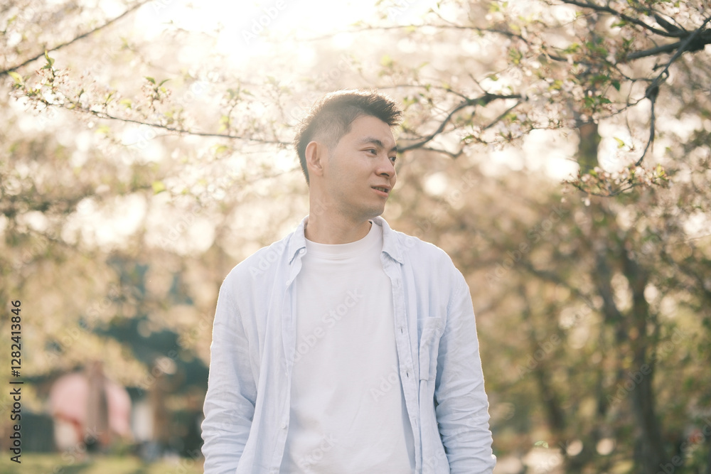 handsome Asian young with sakura blossom tree under sunshine
handsome Asian young with sakura blossom tree under sunshine