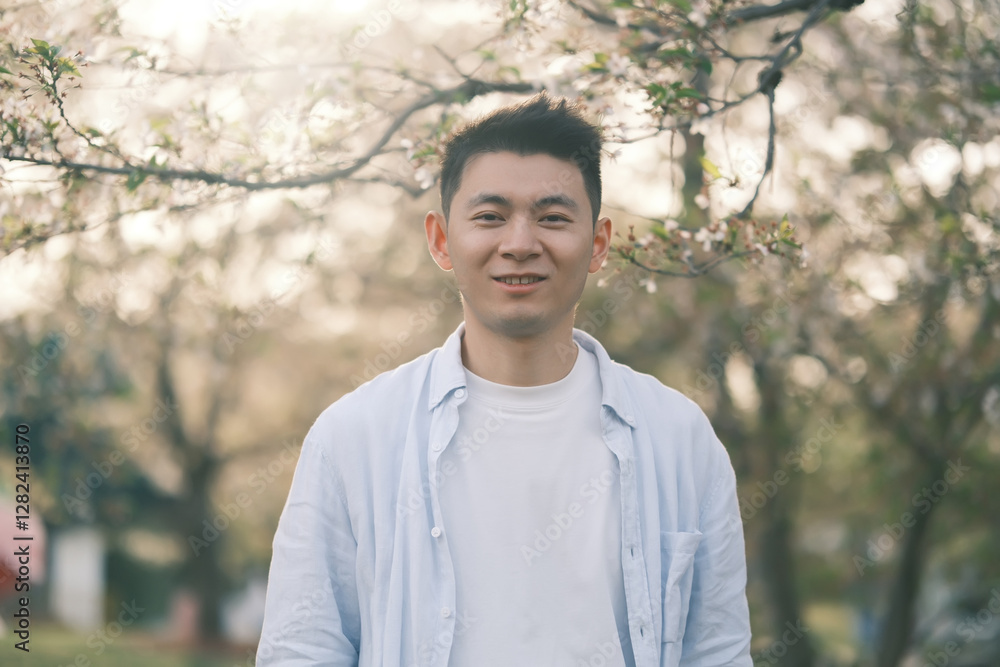 portrait of smiling Asian young with sakura blossom, front view looking at camera portrait of smiling Asian young with sakura blossom, front view looking at camera