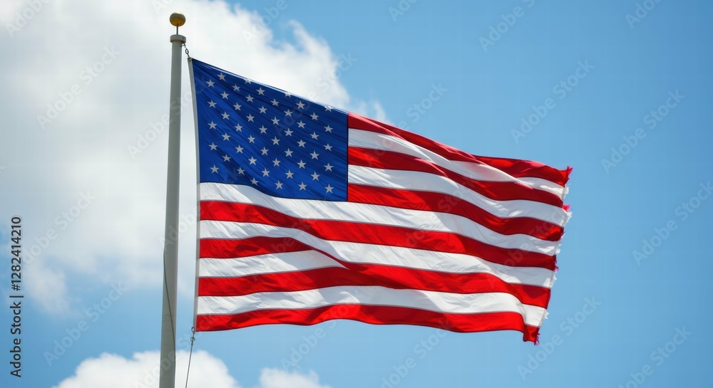 Fototapeta premium American flag waves against a bright blue sky with fluffy clouds.