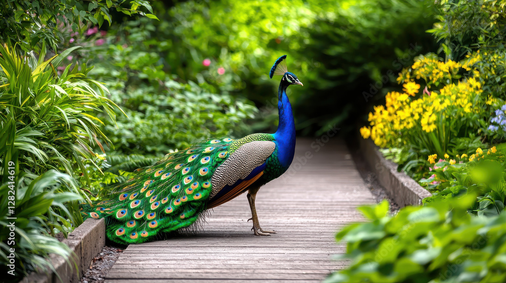 Obraz premium vibrant peacock displaying its colorful feathers in lush garden