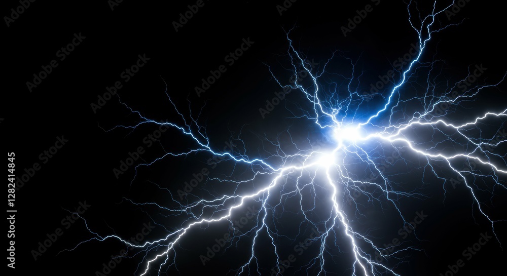 Dramatic lightning bolts illuminate dark sky. Dramatic lightning bolts illuminate dark sky.