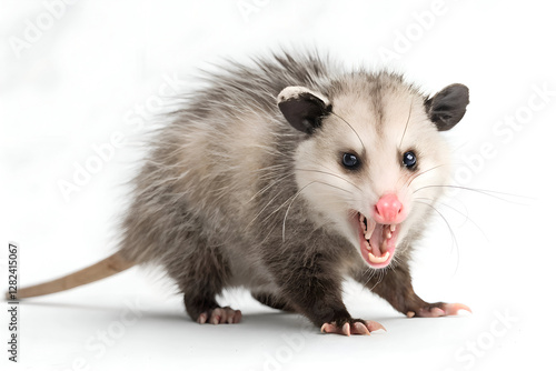 Close-up of a North American opossum hissing defensively