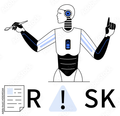 AI robot with multiple arms holds a pencil and raises a finger next to Risk text with document icon. Ideal for AI technology, risk management, automation, business analysis, innovation, caution