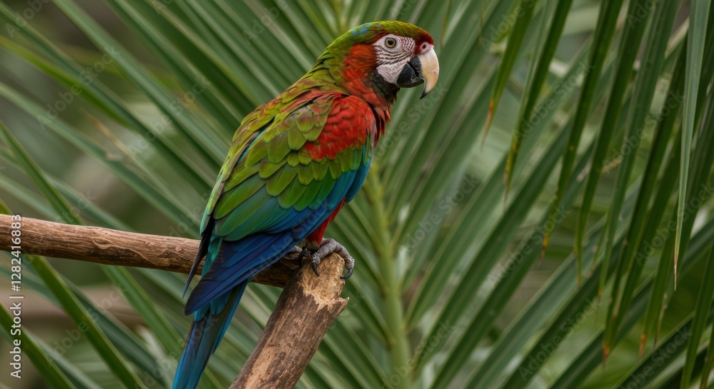 Obraz premium Vibrant parrot perched on branch amidst lush foliage.