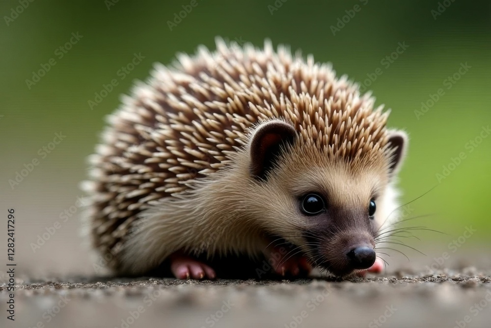 Fototapeta premium Cute Hedgehog with Spiky Fur Wandering in Fresh Green Environment at Dawn in a Close-Up Perspective
