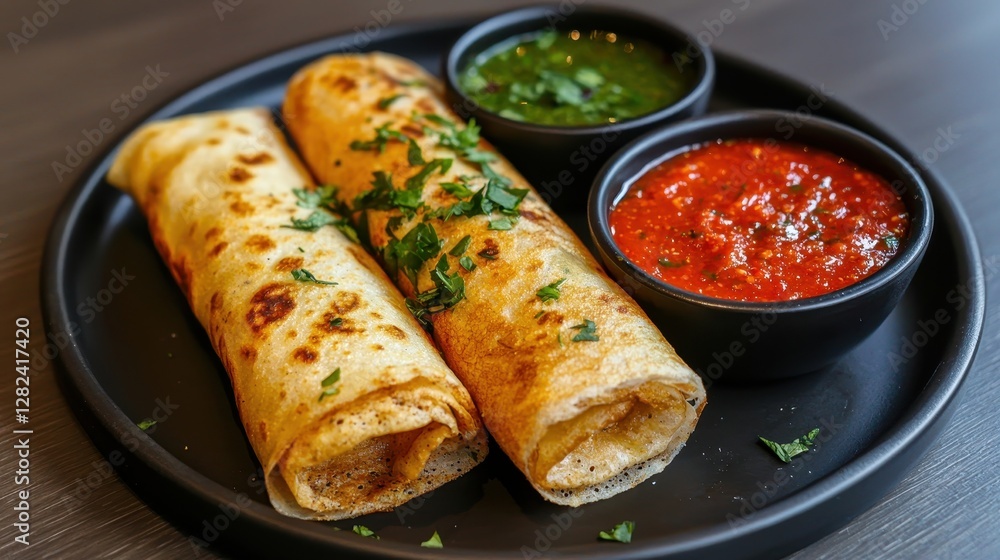 Two delicious rolled parathas garnished with cilantro, served with green and red chutneys on a black plate. Two delicious rolled parathas garnished with cilantro, served with green and red chutneys on a black plate.