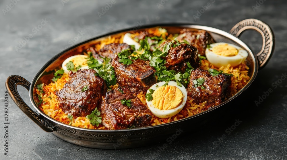 A flavorful platter of spiced rice topped with tender meat and garnished with boiled eggs and fresh herbs. A flavorful platter of spiced rice topped with tender meat and garnished with boiled eggs and fresh herbs.