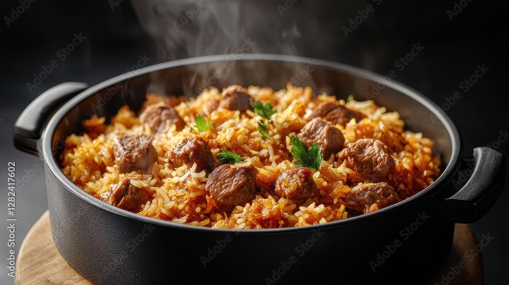 A steaming pot of flavorful rice with meatballs, garnished with fresh herbs, presented in a dark setting, exuding warmth and deliciousness. A steaming pot of flavorful rice with meatballs, garnished with fresh herbs, presented in a dark setting, exuding warmth and deliciousness.