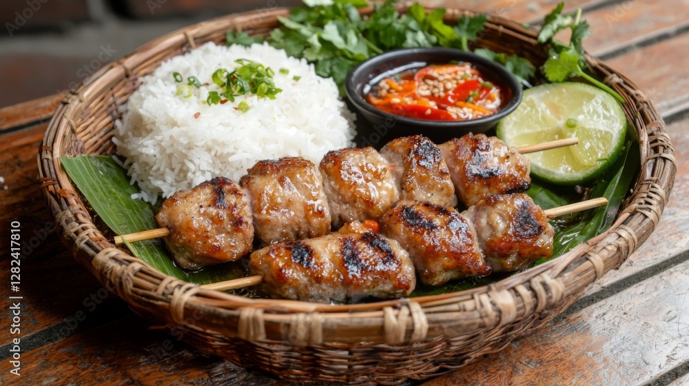 Glazed pork skewers resting on a traditional woven basket filled with warm sticky rice, ready to serve. --chaos 20 --ar 16:9 --quality 2 --v 6.1 Job ID: 27947b73-3e27-46b4-abef-b18f445eabe6 Glazed pork skewers resting on a traditional woven basket filled with warm sticky rice, ready to serve. --chaos 20 --ar 16:9 --quality 2 --v 6.1 Job ID: 27947b73-3e27-46b4-abef-b18f445eabe6
