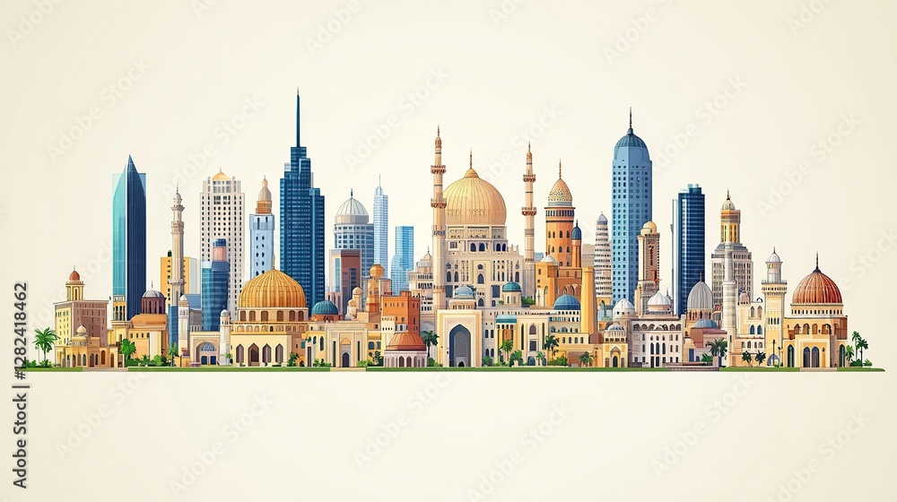 Modern Middle Eastern cityscape with mosques, skyscrapers, skyline on light background Modern Middle Eastern cityscape with mosques, skyscrapers, skyline on light background