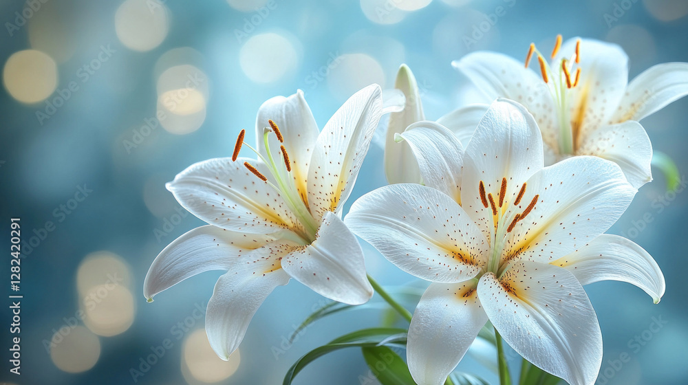 Fototapeta premium Flower background of delicate white lilies arranged in a harmonious, soft composition