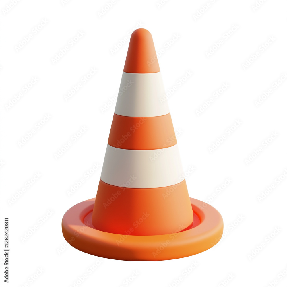 An orange and white traffic cone with alternating stripes, placed on a white base. It is a common safety device used to redirect traffic or mark hazardous areas. An orange and white traffic cone with alternating stripes, placed on a white base. It is a common safety device used to redirect traffic or mark hazardous areas.