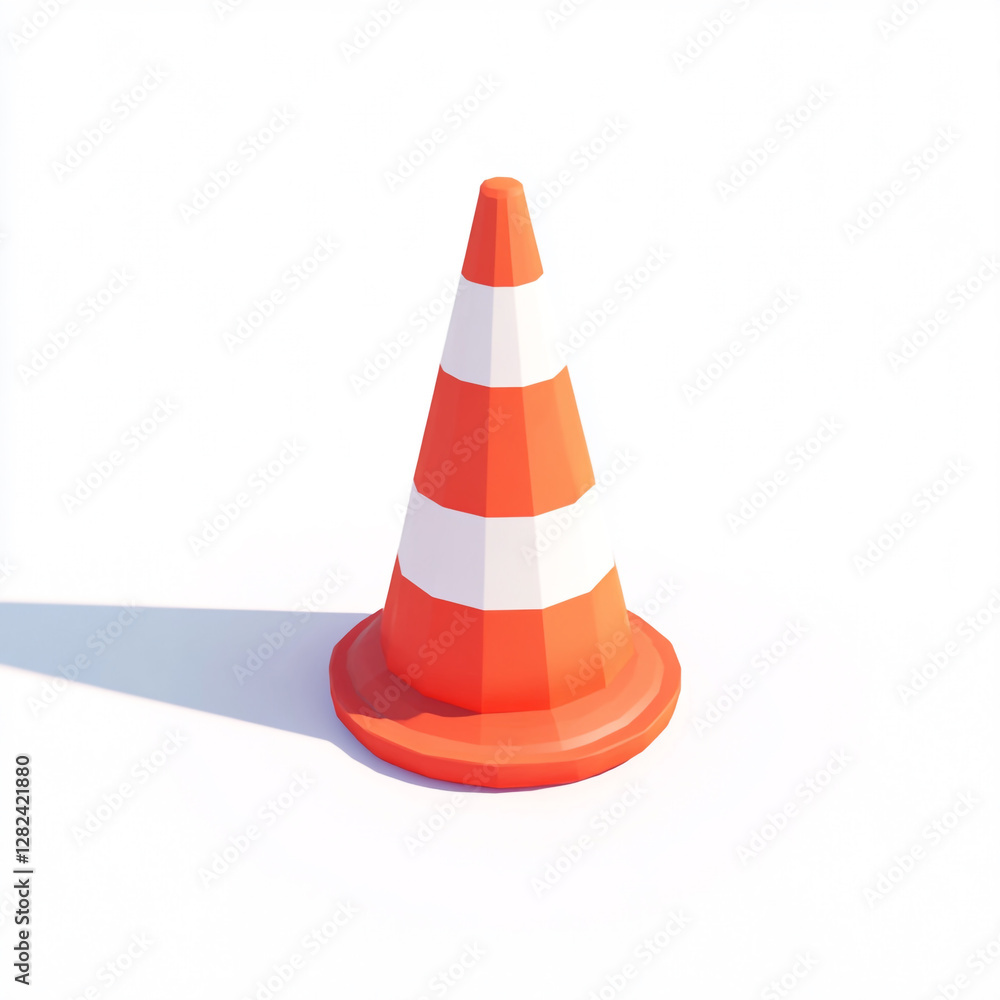 An orange and white traffic cone with alternating stripes, placed on a white base. It is a common safety device used to redirect traffic or mark hazardous areas. An orange and white traffic cone with alternating stripes, placed on a white base. It is a common safety device used to redirect traffic or mark hazardous areas.