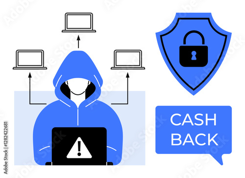 Blue-hooded person using a laptop with warning sign, connected to multiple laptops, lock shield, text bubble saying CASH BACK. Ideal for cybersecurity, hacking threat, online security, data