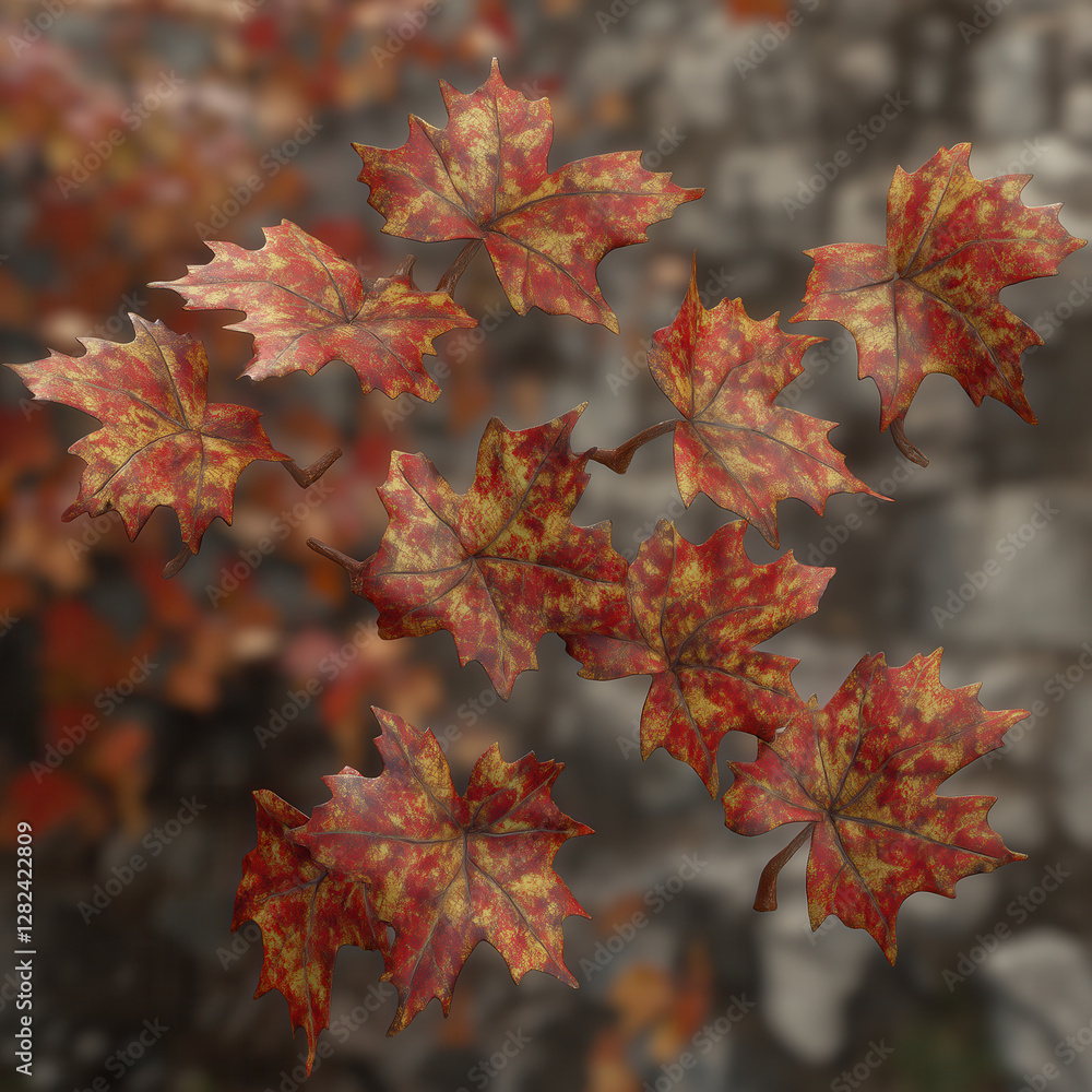 Vibrant Autumn Maple Leaves: Close-up of Colorful Foliage in a Serene Woodland Background Vibrant Autumn Maple Leaves: Close-up of Colorful Foliage in a Serene Woodland Background