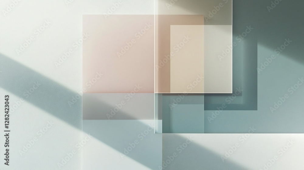 Fototapeta premium Abstract composition of translucent rectangles creating a layered effect with subtle shadows and pastel color palette