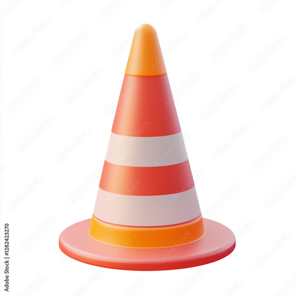 An orange and white traffic cone with alternating stripes, placed on a white base. It is a common safety device used to redirect traffic or mark hazardous areas.