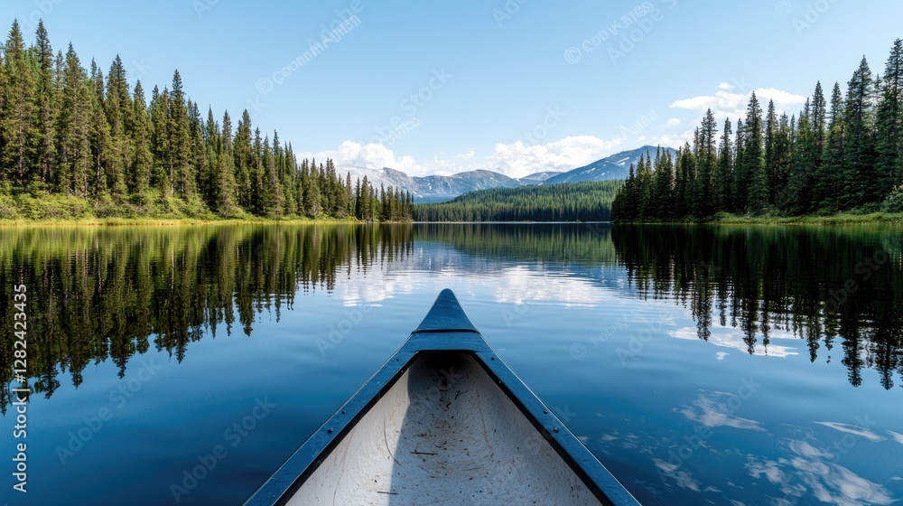Canoe on Calm Lake, Mountains, Forest Background, Peaceful Canoe on Calm Lake, Mountains, Forest Background, Peaceful
