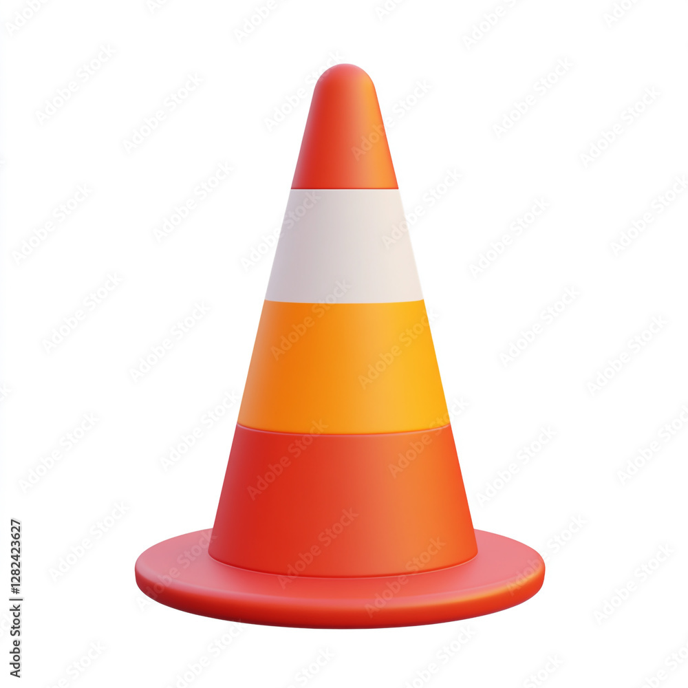 An orange and white traffic cone with alternating stripes, placed on a white base. It is a common safety device used to redirect traffic or mark hazardous areas. An orange and white traffic cone with alternating stripes, placed on a white base. It is a common safety device used to redirect traffic or mark hazardous areas.