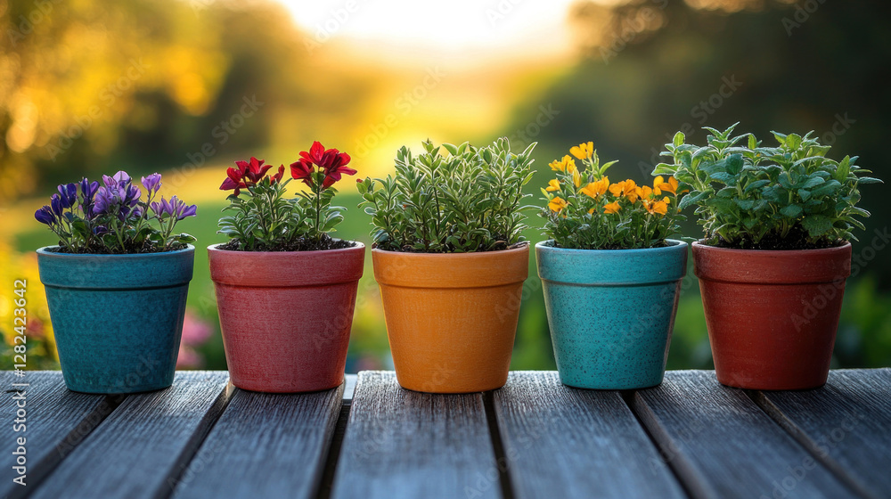Growing plants in colorful pots lined up on a wooden balcony overlooking a spring meadow Growing plants in colorful pots lined up on a wooden balcony overlooking a spring meadow