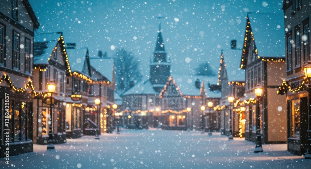 Obraz premium Winter street scene with festive lights and gentle snowfall.