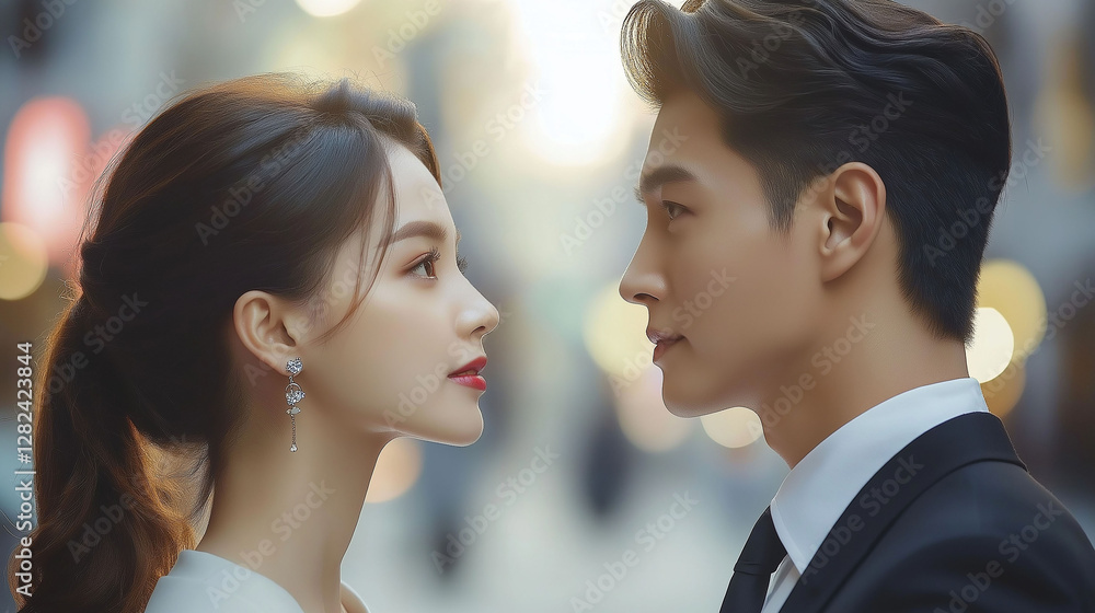 Korean couple talking in the middle of the street, blurred background Korean couple talking in the middle of the street, blurred background