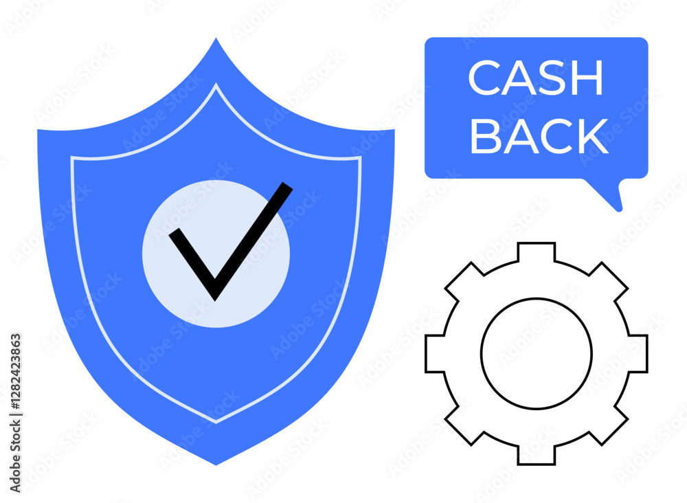 Blue shield with check mark, gear, and cashback speech bubble emphasizing security, rewards, and efficiency. Ideal for finance, ecommerce, customer retention, trust operational processes Blue shield with check mark, gear, and cashback speech bubble emphasizing security, rewards, and efficiency. Ideal for finance, ecommerce, customer retention, trust operational processes