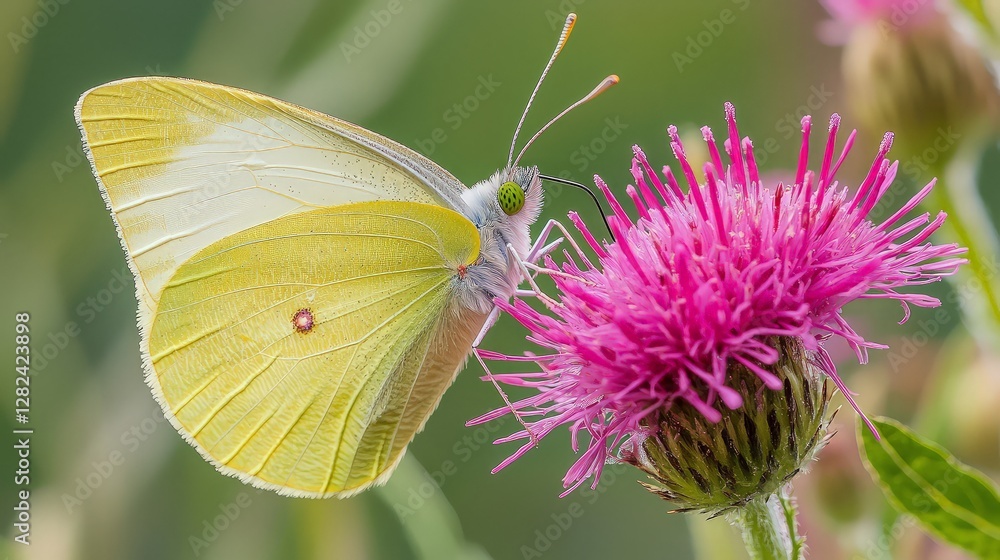 Yellow Butterfly on Pink Thistle Flower in Nature Yellow Butterfly on Pink Thistle Flower in Nature