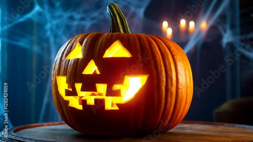 Wallpaper Mural Lit jack-o'-lantern on table with spooky background. Torontodigital.ca