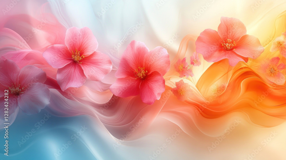 Spring abstract background with dynamic, swirling colors blending floral and geometric patterns Spring abstract background with dynamic, swirling colors blending floral and geometric patterns