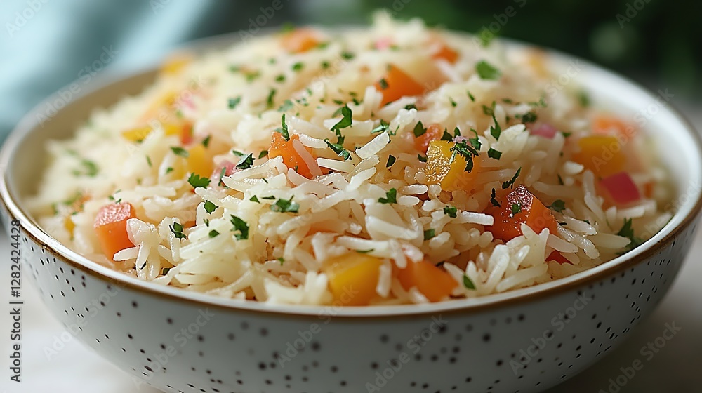Vegetable rice with parsley garnish in bowl on table, blurred background Vegetable rice with parsley garnish in bowl on table, blurred background