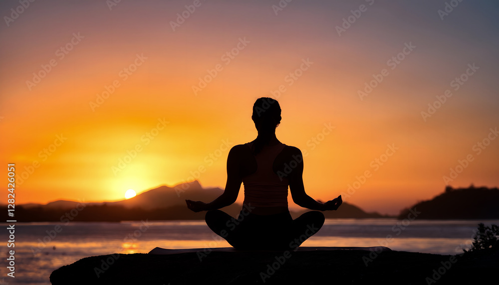 Woman practicing yoga at sunset. Beautiful yoga wallpaper with silhouette of a woman at sunset, celebrating International Yoga Day. Woman practicing yoga at sunset. Beautiful yoga wallpaper with silhouette of a woman at sunset, celebrating International Yoga Day.