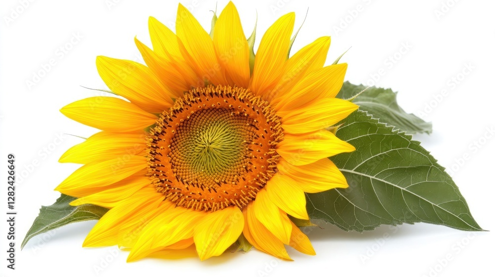 Fototapeta premium A high-resolution image of a sunflower with a perfect circular center and radiant petals, isolated on white.