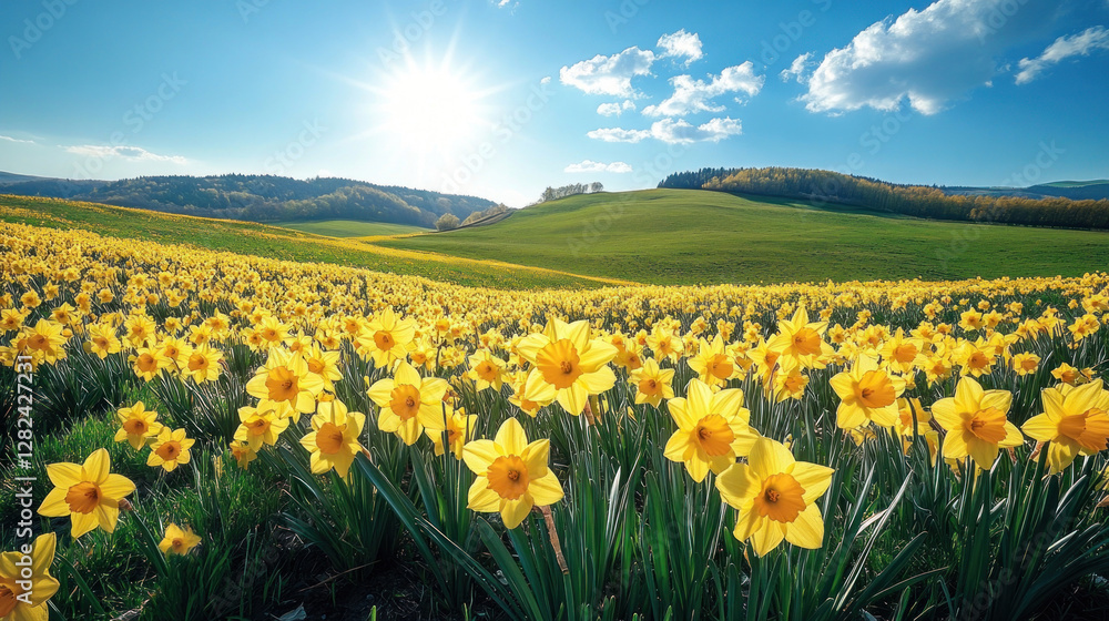 Spring background of a hillside covered in blooming daffodils under a bright, clear sky Spring background of a hillside covered in blooming daffodils under a bright, clear sky