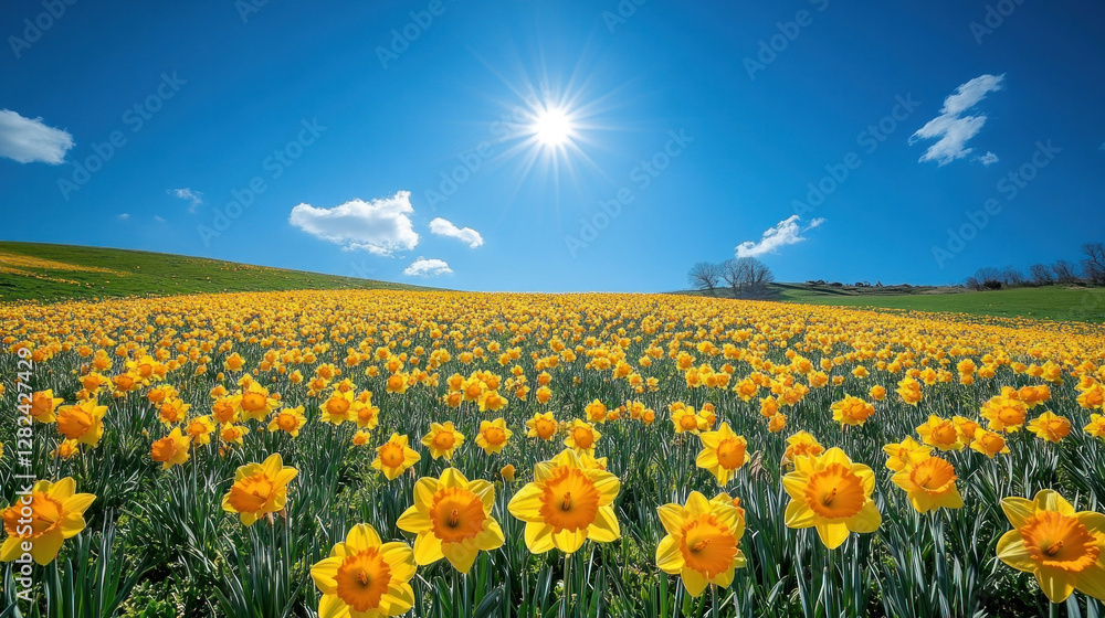 Fototapeta premium Spring background of a hillside covered in blooming daffodils under a bright, clear sky