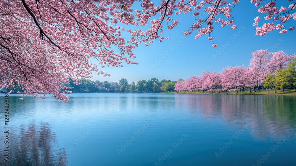 Spring background of a peaceful lakeside surrounded by blossoming trees under a clear blue sky Spring background of a peaceful lakeside surrounded by blossoming trees under a clear blue sky