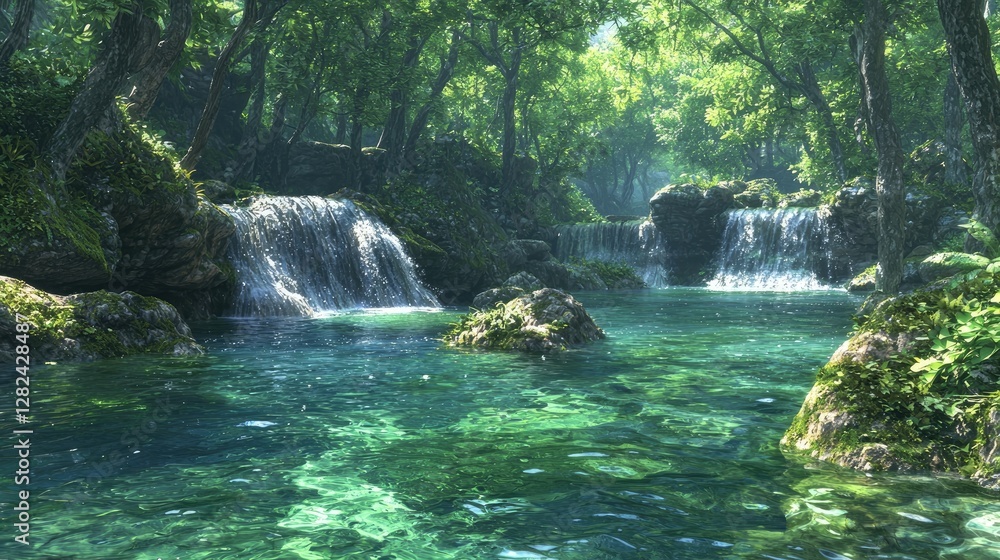 Naklejka premium Lush forest stream with waterfalls, tranquil background, nature scene, ideal for travel brochures