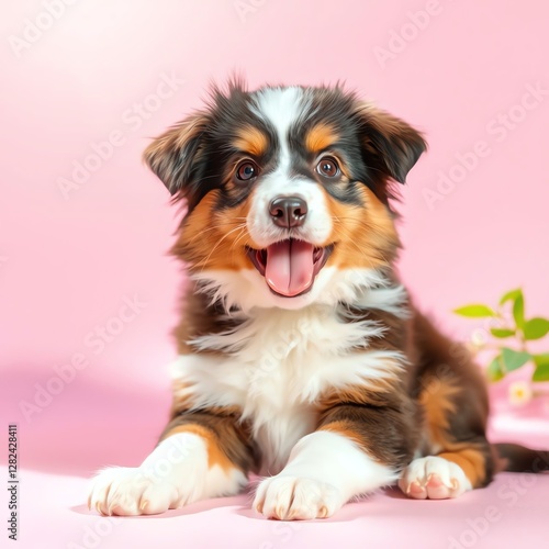 an image of a puppy sitting on a pink surface with a flower in the background, there is a puppy that is sitting down with its tongue out photo