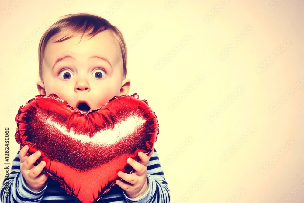 Sign of love. Commercial promotion concept art. Сhildren valentine's day greeting card: toddler boy with stunned face holds red heart in hands. Cute valentine's moment. Valentine's day ad. Sign of love. Commercial promotion concept art. Сhildren valentine's day greeting card: toddler boy with stunned face holds red heart in hands. Cute valentine's moment. Valentine's day ad.