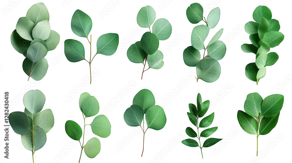 Fototapeta premium a collection of various green leaves arranged in a visually appealing manner. highlighting their different shapes and shades of green this composition can serve as a reference for botanical studies. d