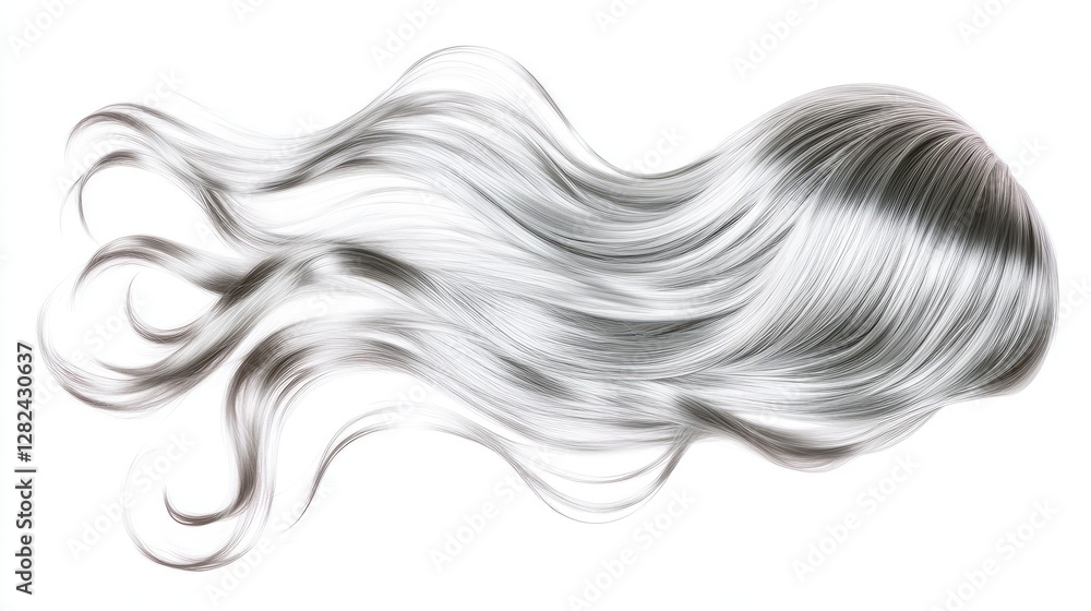 A modern silver wig with flowing strands, designed for a sleek and polished hairstyle, isolated on white. A modern silver wig with flowing strands, designed for a sleek and polished hairstyle, isolated on white.