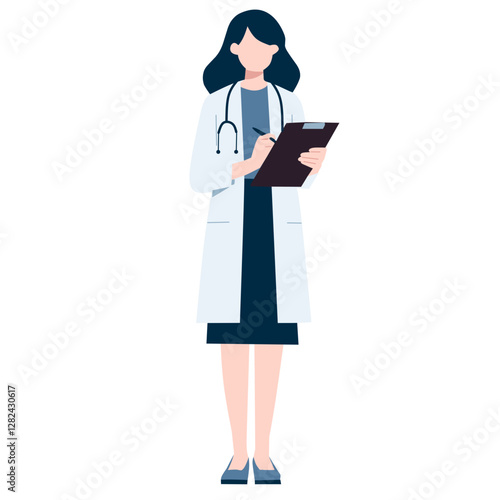 A healthcare professional in a lab coat holding a clipboard and writing notes.