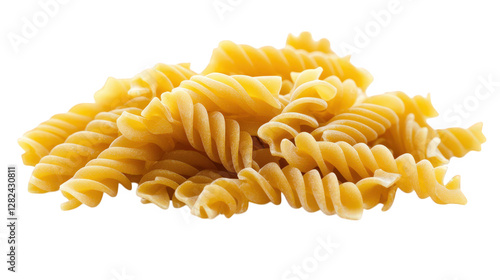 pile of uncooked spiral pasta. showcasing its twisted shape and smooth texture the pasta is a staple ingredient in various cuisines. often used in dishes like salads. casseroles. and pasta bowls its g photo